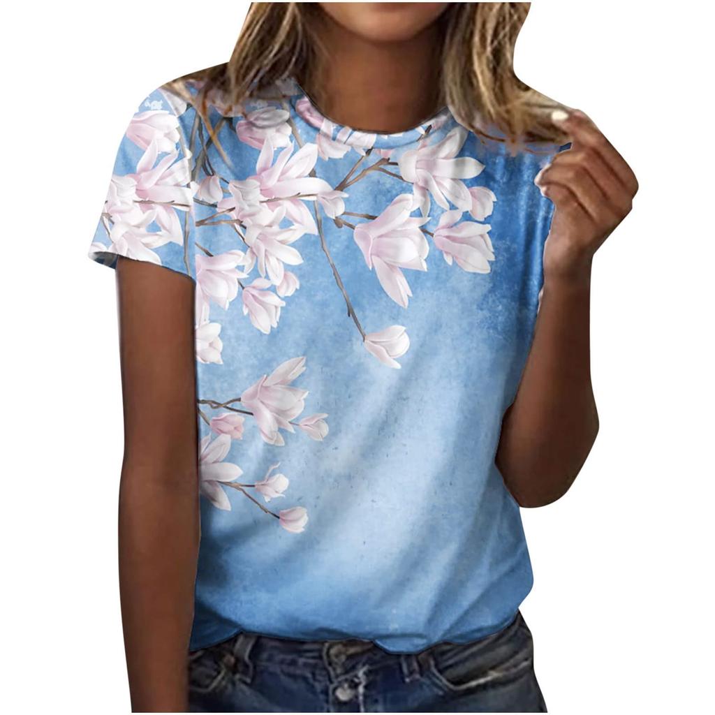 2025 New Summer Temperament Women's Sunrise Printed Women's T-shirt Round Neck Short Sleeve Street Casual Daily Basic Tops