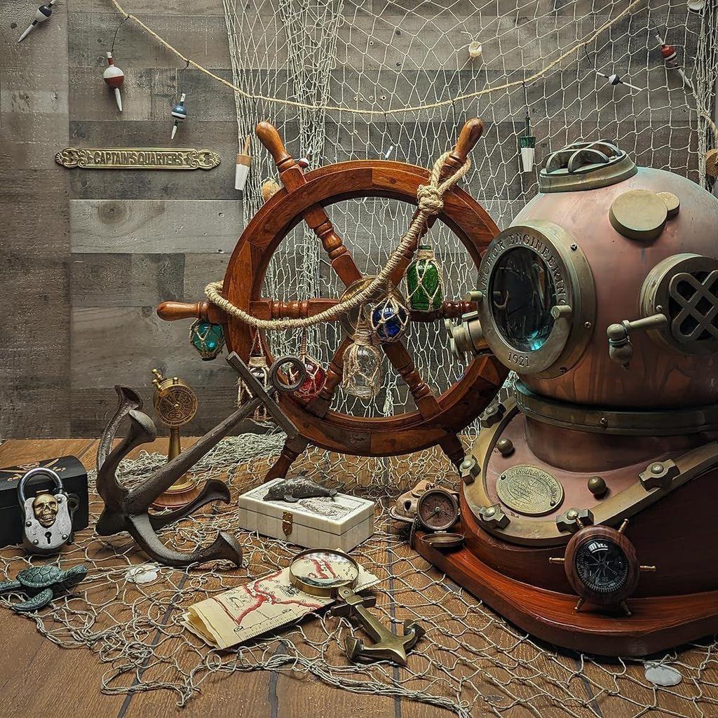 Nautical Premium Sailor's Hand Crafted Brass & Wooden Ship Wheel | Luxury Gift Decor | Boat Collectibles (18 Inches, Anchor & Strip)