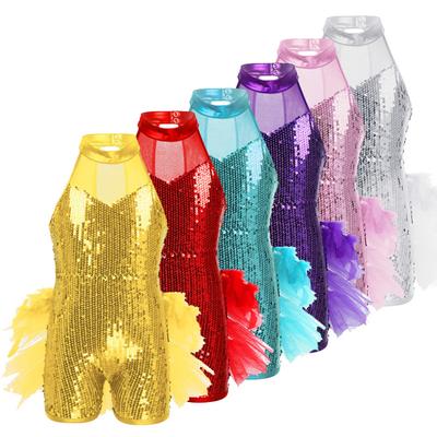 Kinder Mädchen Jazz Latin Dance Kostüm Ärmellose Pailletten Bühnenkostüm Ballett Tanzkleidung