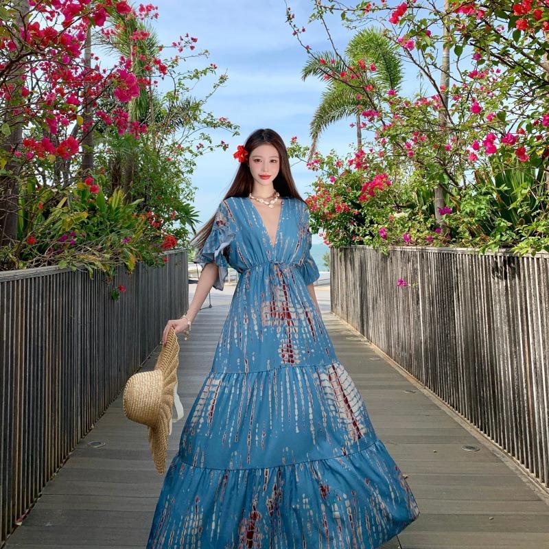 Bali Wear Blue Collar Print Beach Dress Seaside Vacation Bohemian Dress