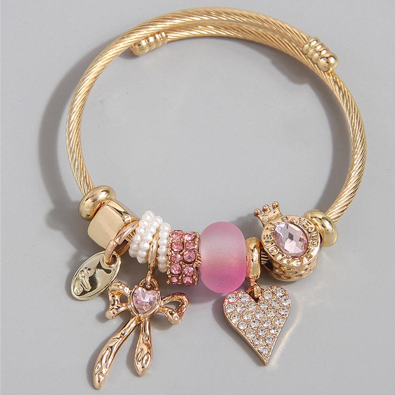 Стильный металлический браслет с подвеской-сердцем и бантом, мультиэлементный розовый