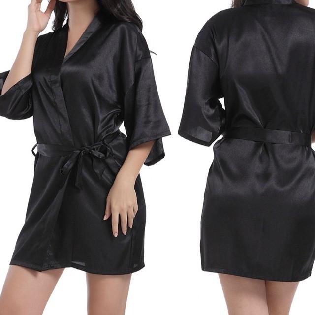 Damen Satin Kimono Nachthemd - Glänzend, Uni, Kurzer Sommer Bademantel