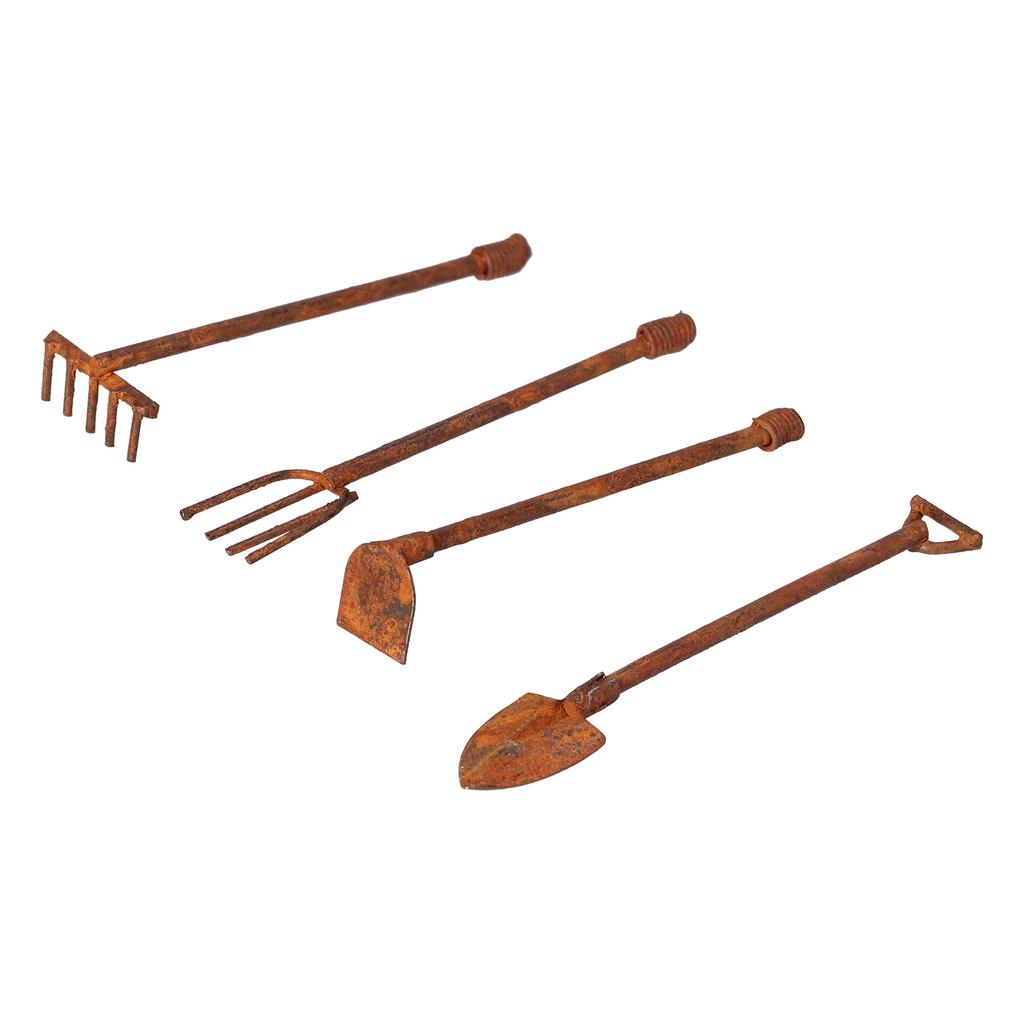 1:12 Maßstab Puppenhaus Gartengeräte Miniatur Rostige Metallschaufel Hacke und Mistgabel Set für Gartenlandschaft 4 Werkzeuge