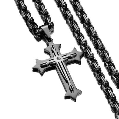Coole Halskette mit Kreuzanhänger für Männer 316L Edelstahl byzantinische Kette Silber Schwarz