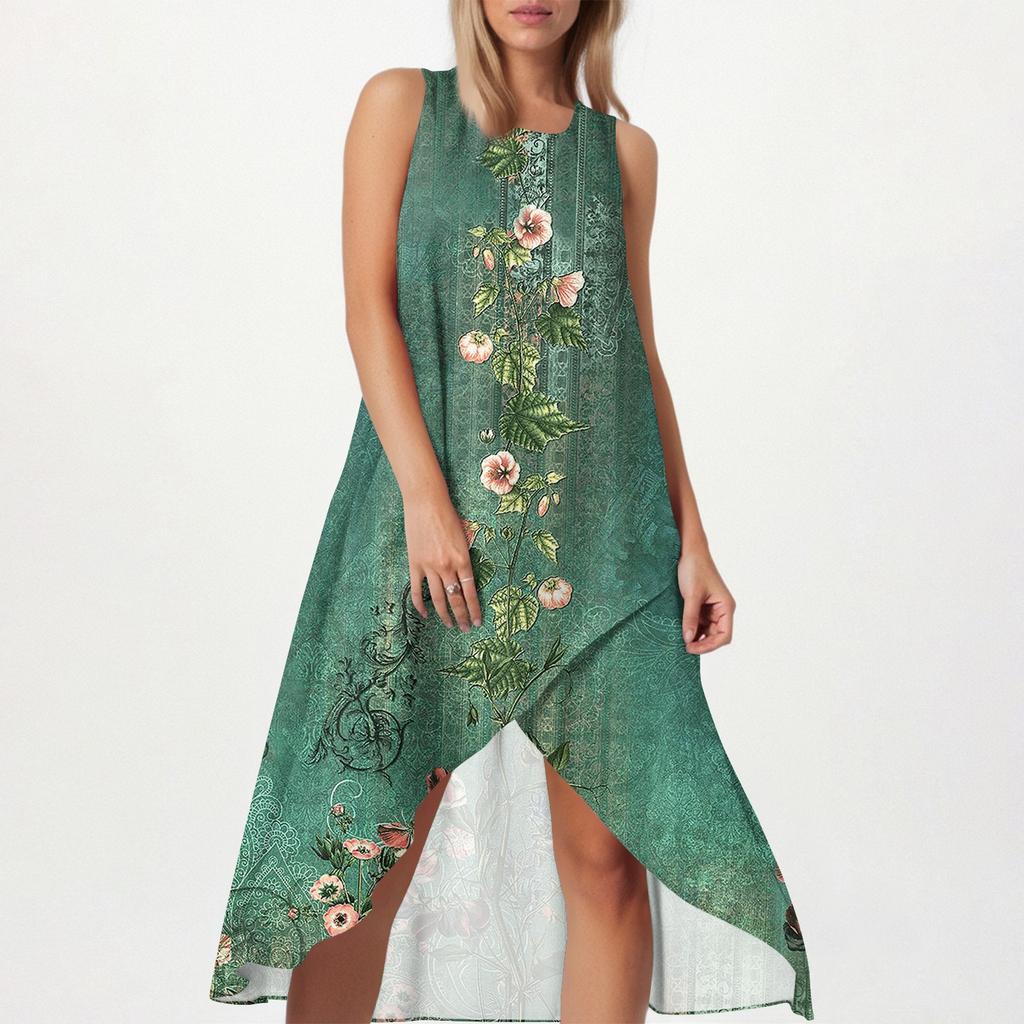 Women's Loose Casual Fashion Square Round Neck Solid Color Dress Beach Skirt Slit Side Sleeveless Cotton And Linen Skirt