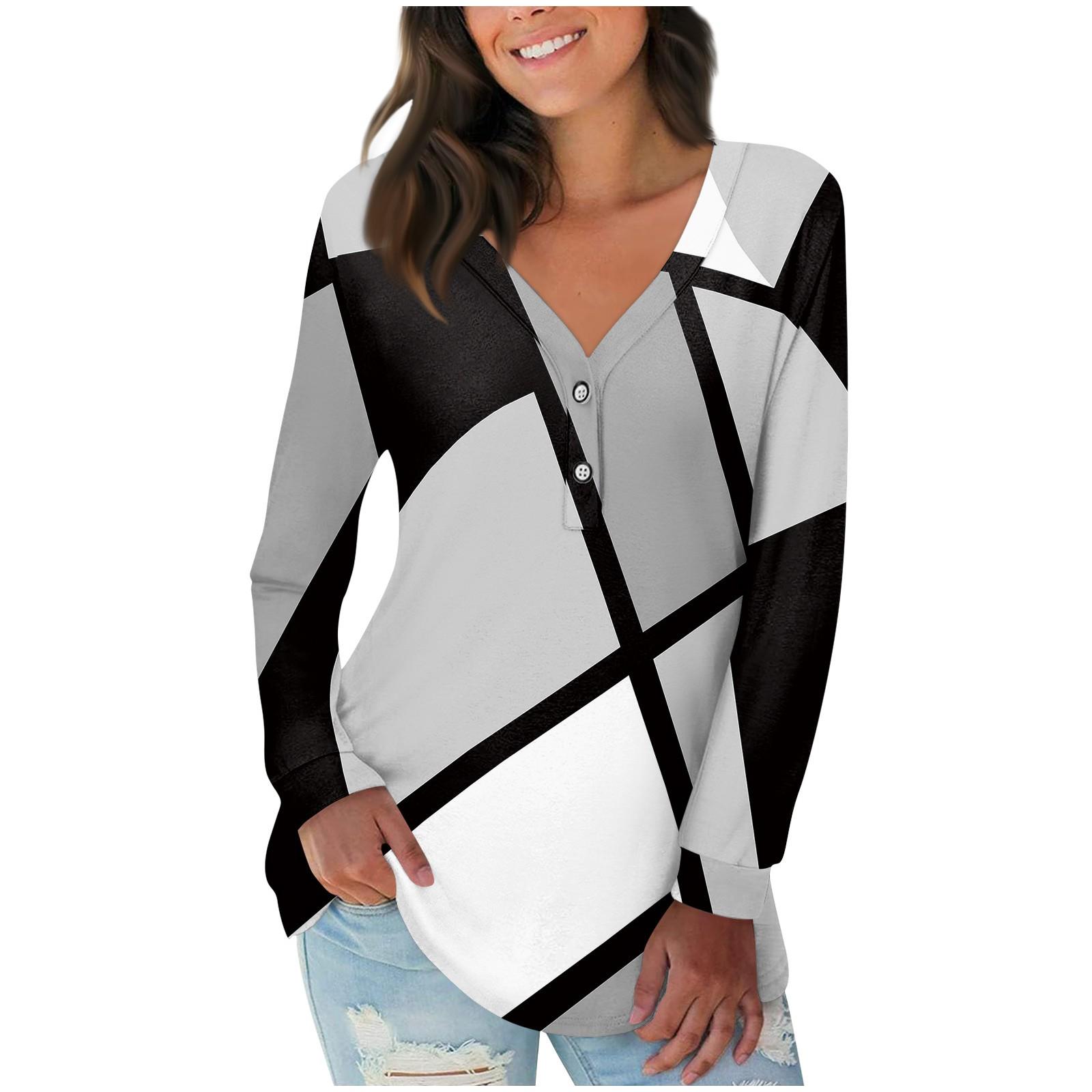 

Женская мода с длинным рукавом и v-образным вырезом на пуговицах и принтом, свободный повседневный мягкий удобный топ M серый