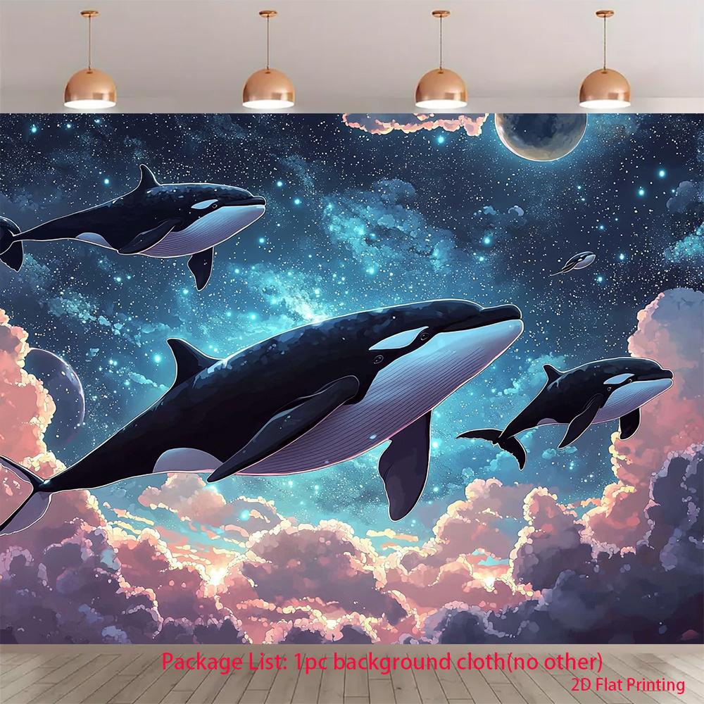 2D plane whale roaming in the starry sky background fabric suitable for party studio props home use polyester fiber