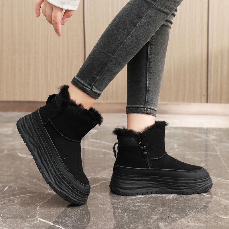 2024 Autumn/Winter Korean Velvet Women's Mid-Cut Snow Boots - Solid Color, Casual, Warm, Heightened Design