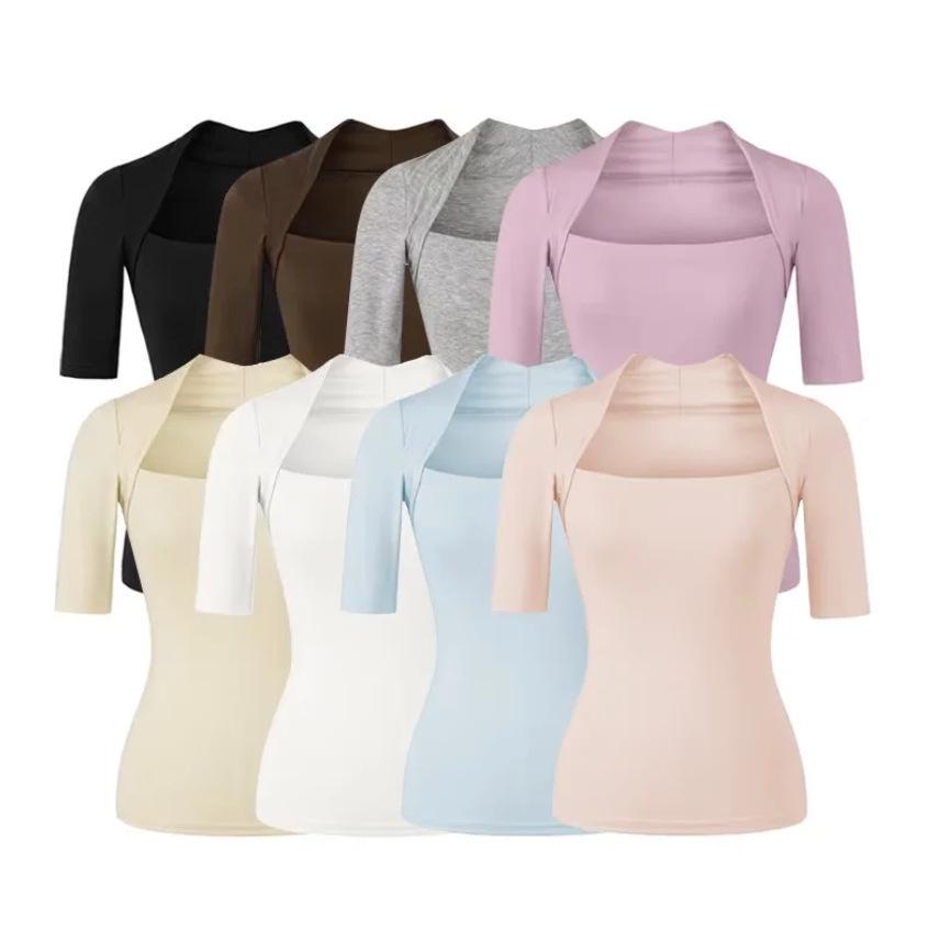 Light Gray Square Neck Slim Fit T-Shirt for Women - Short Sleeve, Waist Cinched, Ideal for Spring/Autumn