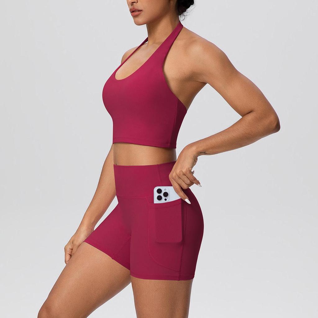 Cross-Border Halter Sports Vest & High-Waist Pocket Yoga Shorts Set