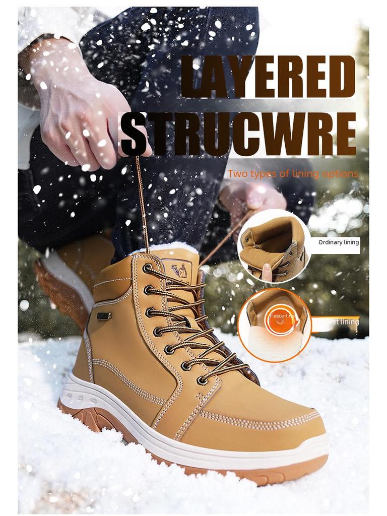 Men's Large Size Outdoor High-Top Hiking and Work Boots with Warm Cotton Lining