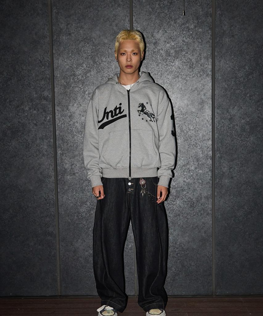 Untitled Seoul Unicorn Varsity Emblem Zip-Up Hoodie Gray