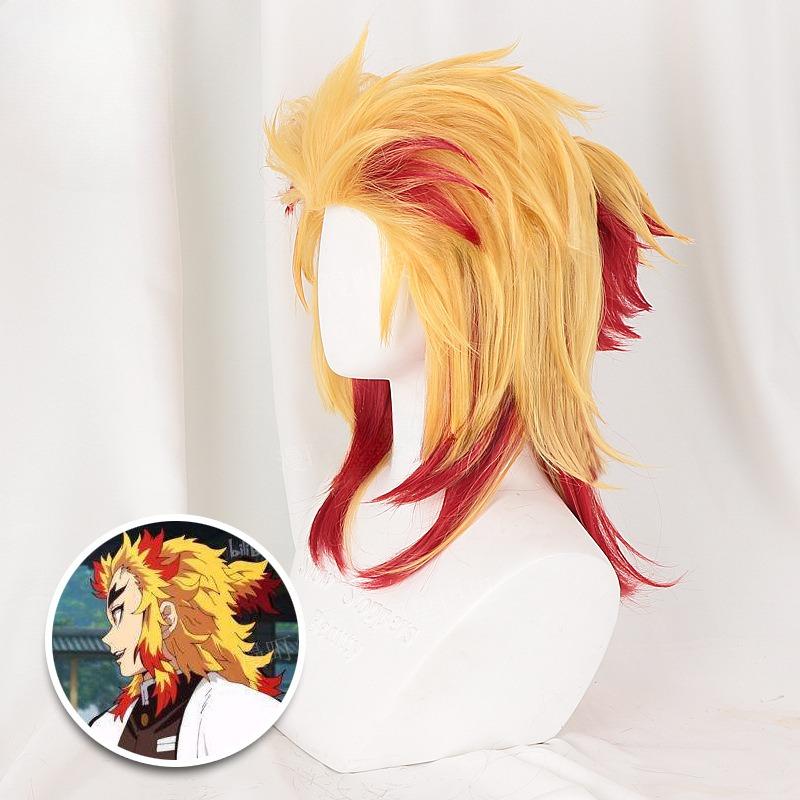 Rengoku Kyoujurou Cosplay Pruik Geel Rood Synthetische Korte Krullende Pruik Anime Coser Hoge Kwaliteit Pruik Dagelijks Feest 48CM beige