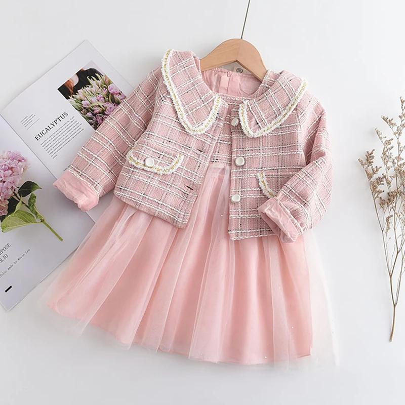 Girls Clothes Spring Autumn New Girls Plaid Vest Dress Retro Outwear Coat 3 Pcs Fashion Baby Party Outfits 2T