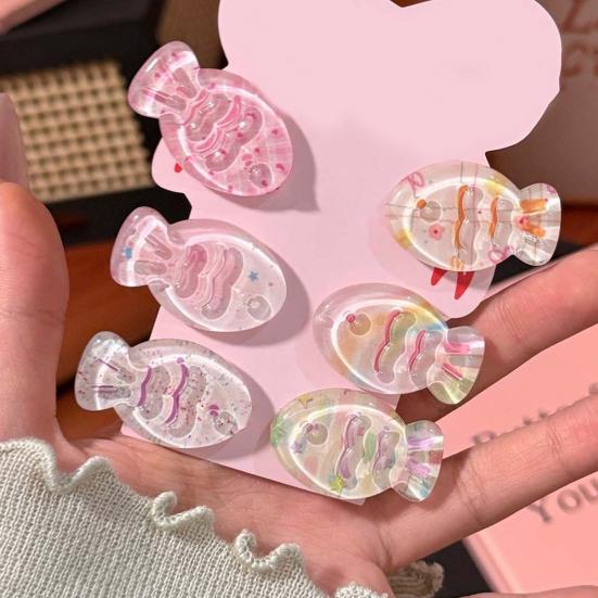 6Pcs Girl Hairpin Soft Macaron Color Clear Jelly Acrylic Fish Shape Stable No-Pull Bang Clips 3D Wavy Line Photogenic Hair Accessories