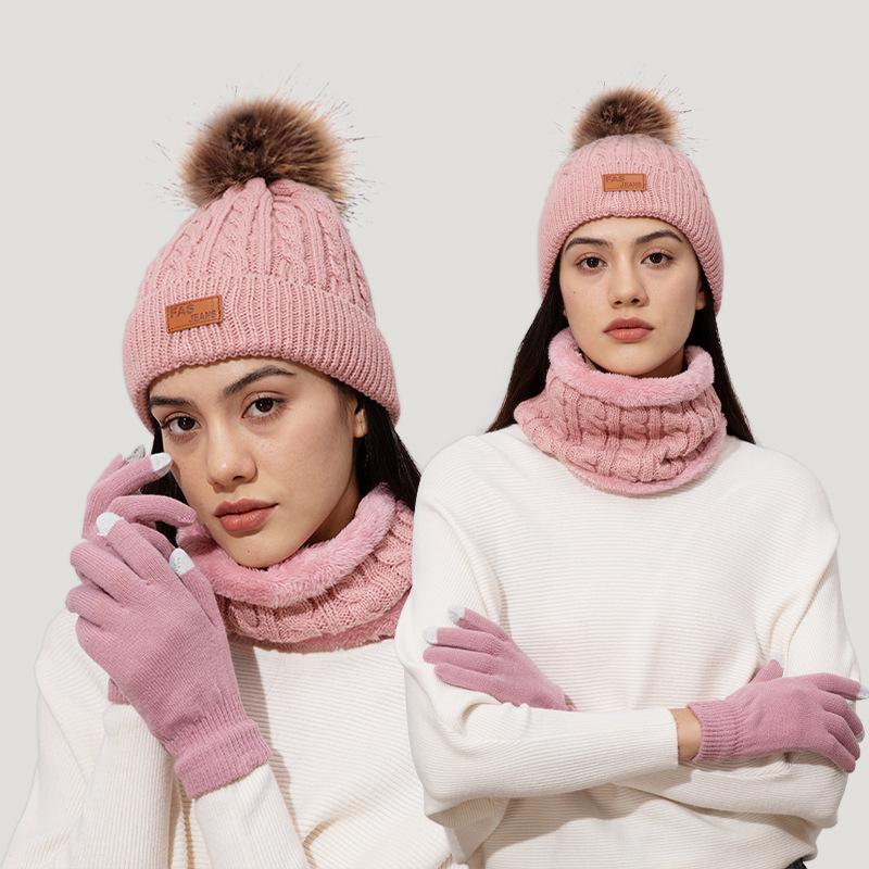 Winter Warm Scarf Hat Gloves Set Touch Screen Glove Pompom Cotton Beanies Bonnet Plush Thicke Scarves Unisex Knitted Thermal Set