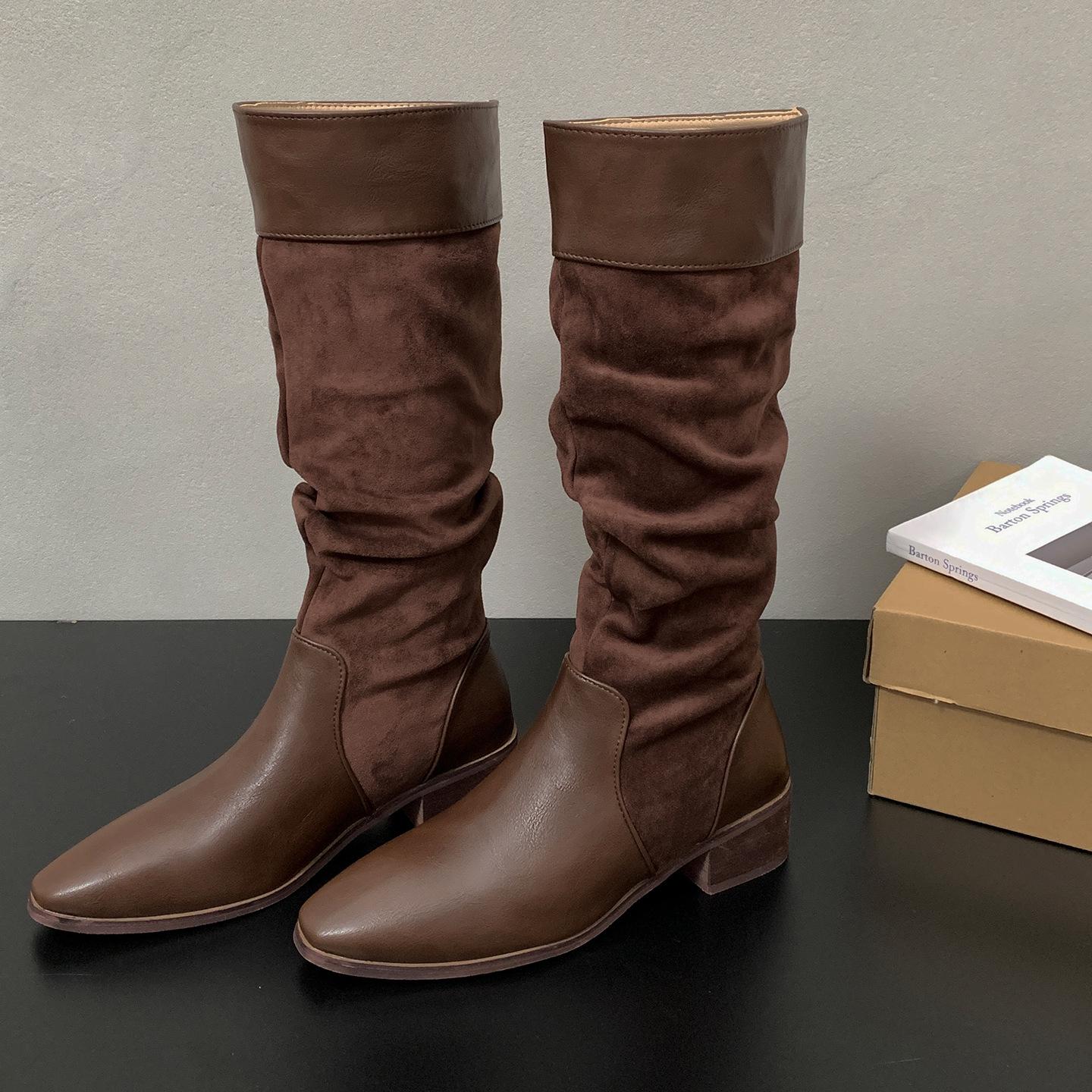 

Коричневые ретро, но до колена, на толстом каблуке, детские сапоги, новинка 2025 года, осенние, тонкие и высокие, сапоги-чулки, рыцарские сапоги 40 коричневый