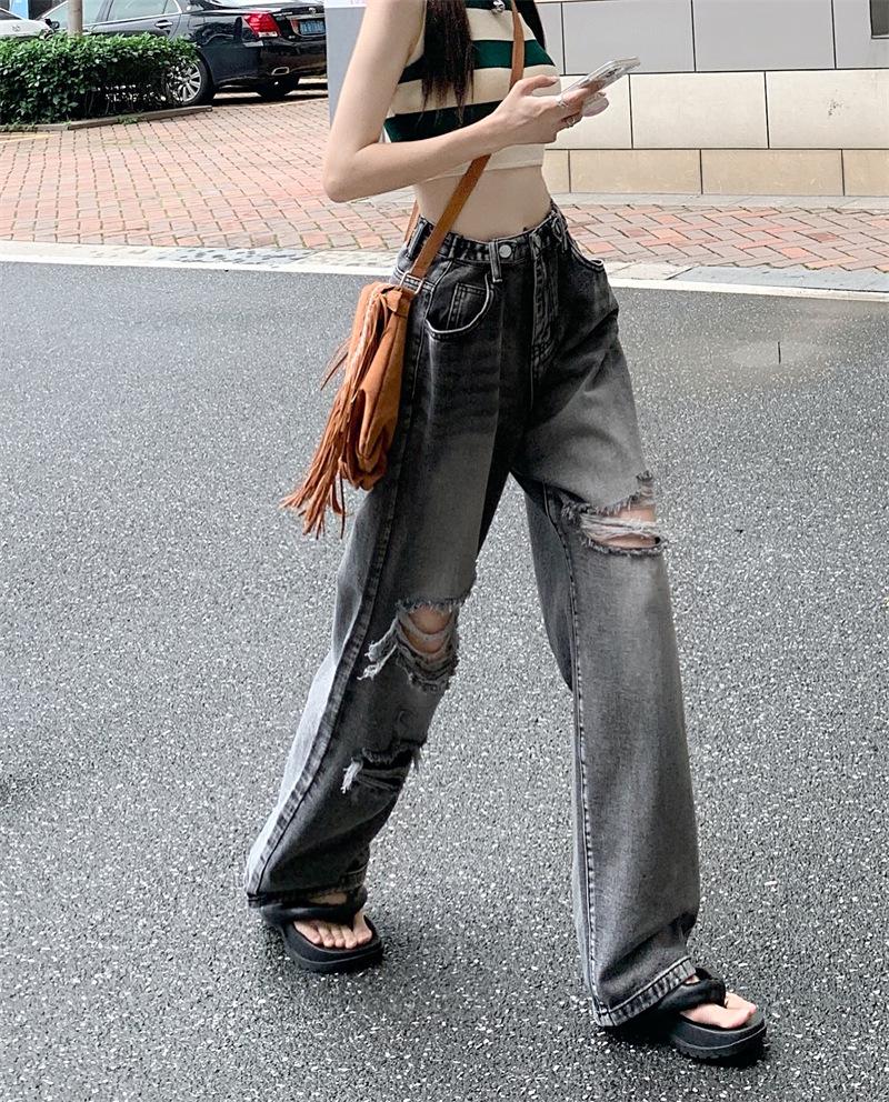 Smoke Grey High-Waisted Wide-Leg Ripped Denim Pants for Women – Loose, Slimming, Retro High Street Long Pants S