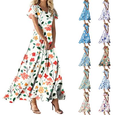 Women's Loose Casual V-Neck Short Sleeved High Waisted Print Dress