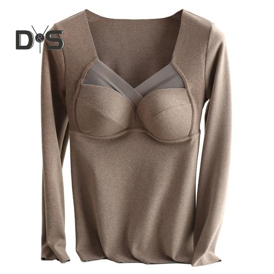 

Женские топы с V-образным вырезом, на груди, с подкладкой, с длинным рукавом, термотопы, эластичная футболка из бархатной ткани DE XXL кофейный