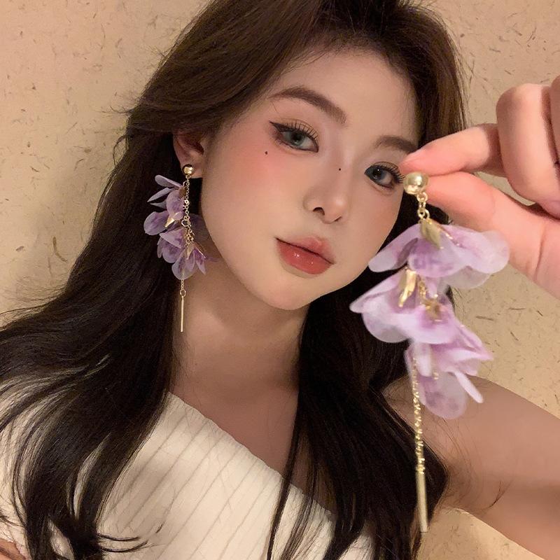 Mesh flower fringed earrings super fairy small fresh versatile stud earrings niche fashion sweet earrings women