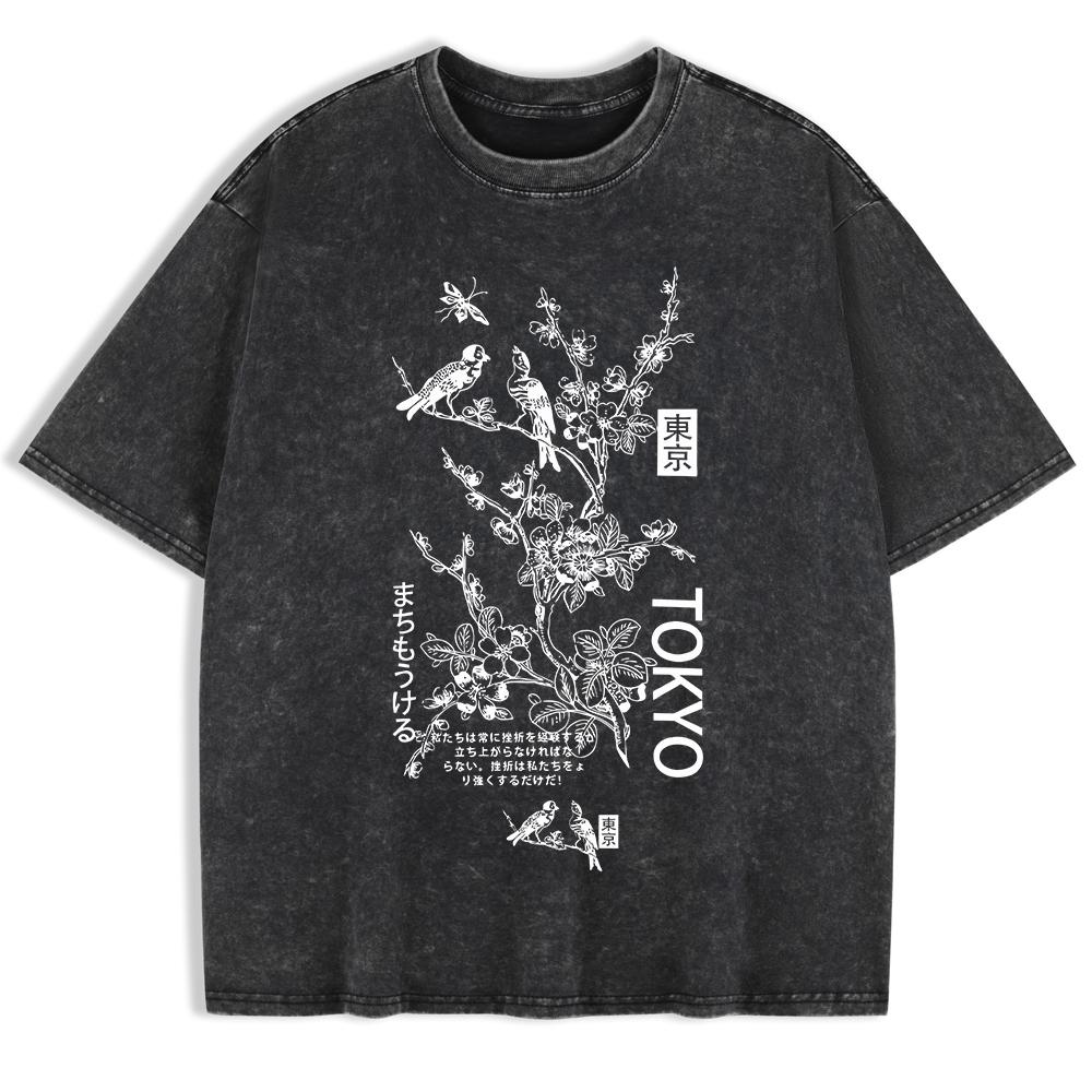 

Tokyo Cherry Blossom Bird Printed Washed T-Shirts Mens Cotton Oversized T Shirt Summer O-Neck Short Sleeve Tops Clothes S