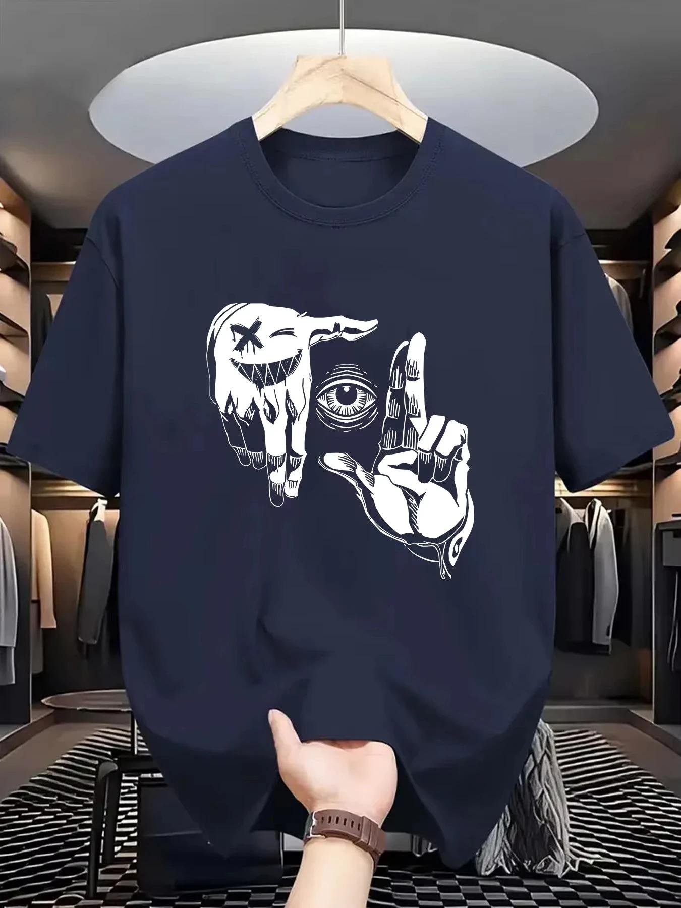 

Лето 2025 мужской 100% хлопок повседневный свободный большой размер жест глаз персонализированный узор с принтом круглый вырез короткий рукав S