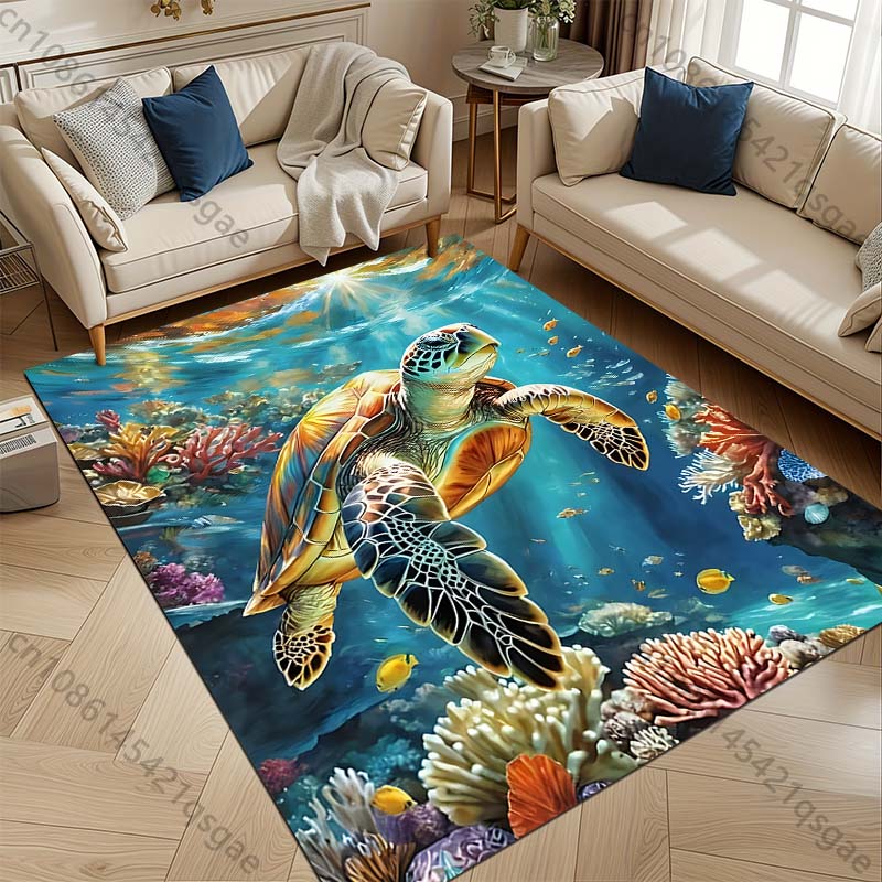 Turtle swimming among colorful corals Carpet for Living Room Bedroom Sofa Home Decor Rus Non-slip Floor Mat Luxury Gift