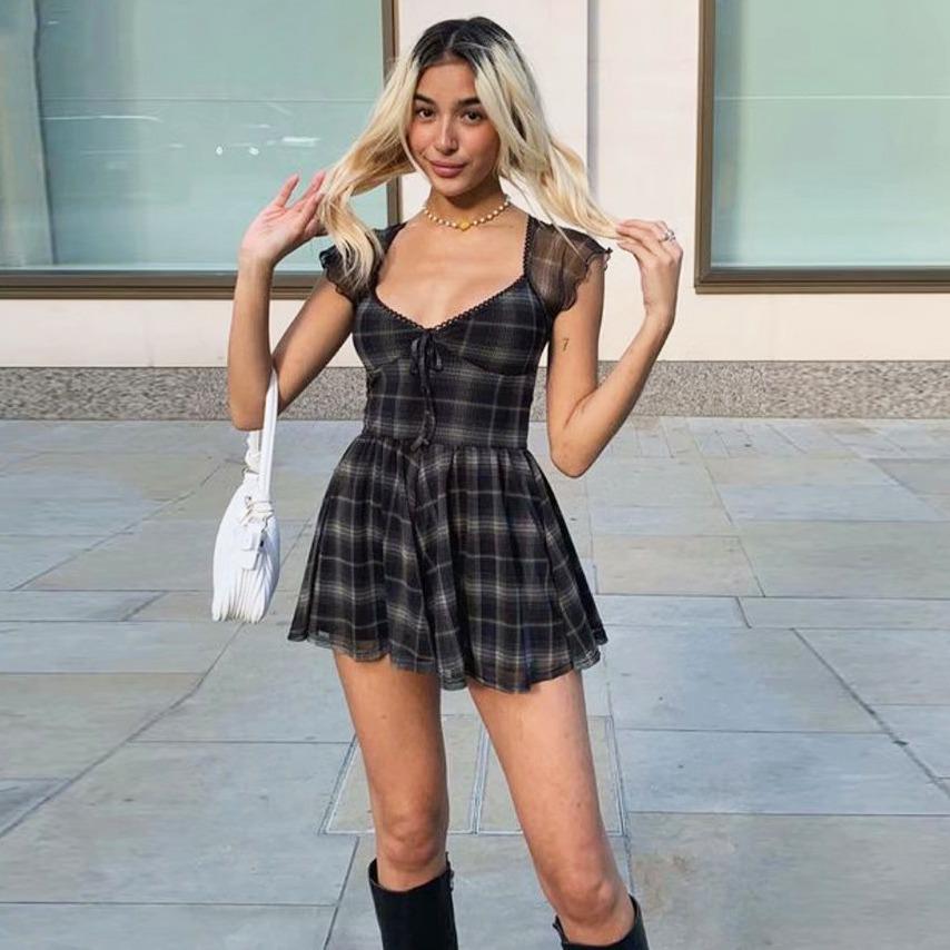 European & American Summer Women's Mesh Plaid Square Neck High Waist Slimming Jumpsuit & Skirt