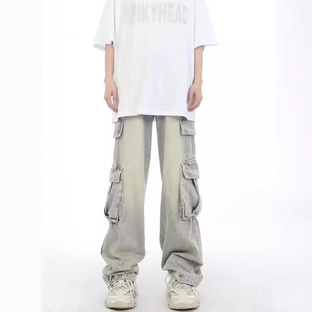 Tooling jeans men's spring and autumn American trendy brand niche straight pants high street zipper loose wide-leg denim trousers