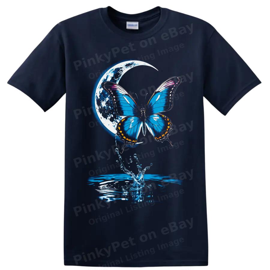 Butterfly Moon Water Splash Fantasy Nature Graphic T Shirt Art Insect Blue Tee