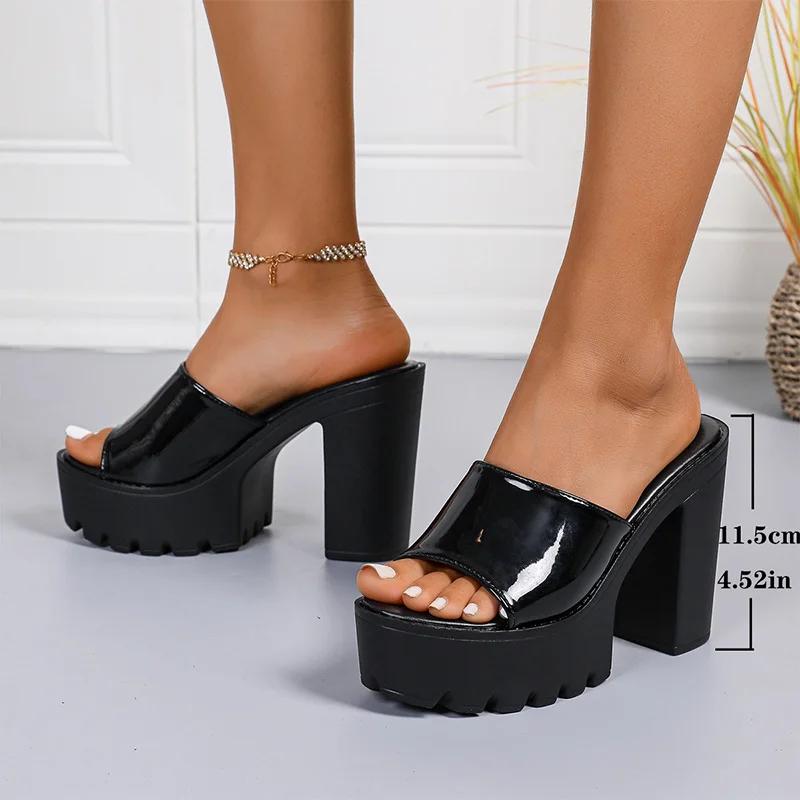 

Wine Red Patent Leather Super High Heels Sandals Women Summer 2026 Chunky Platform Slip On Mules Shoes Woman Plus Size Slippers 43 чорний