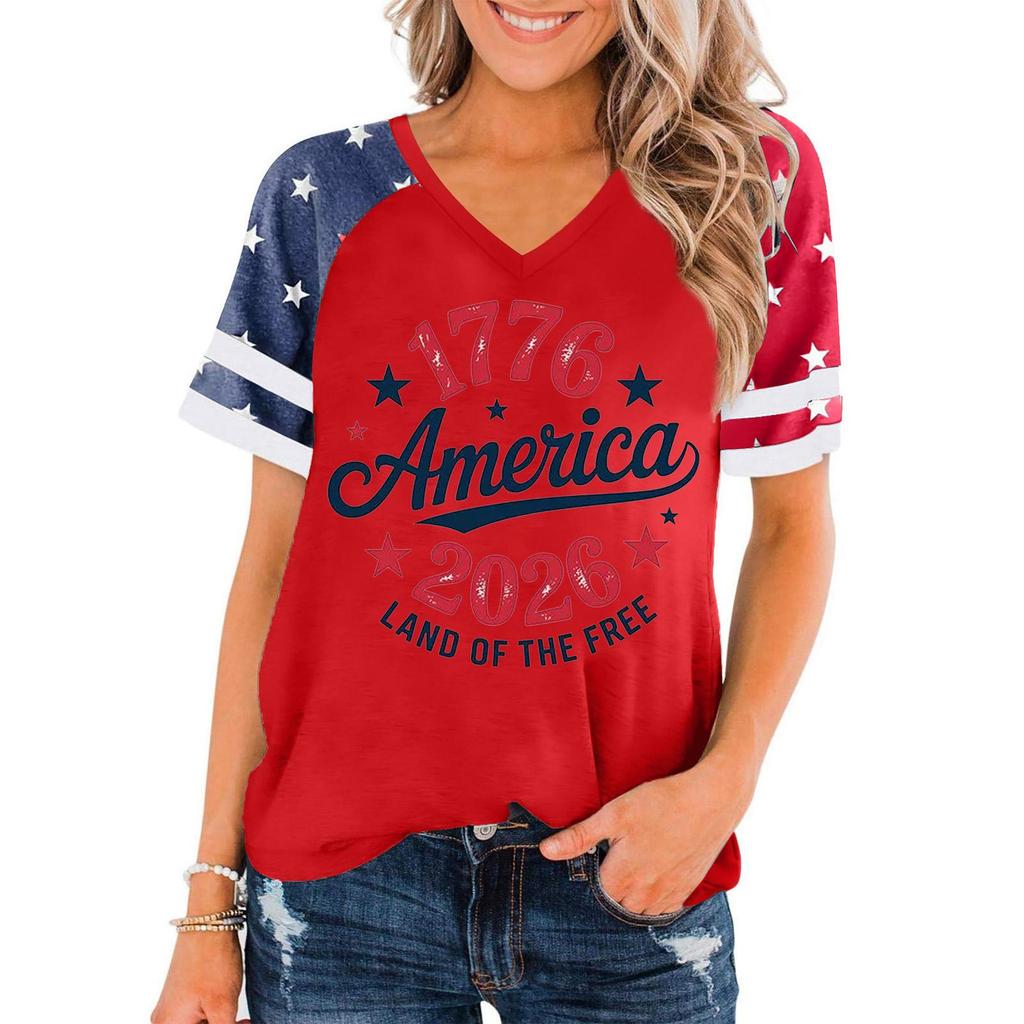 Women V Neck Short Sleeve Pullover T Shirt Casual Loose Fit Patriotic Print Independence Day Top