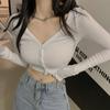 Spring  Women Knitted Cardigan  Low-Cut V-Neck Long-Sleeved Short Thread T-Shirt Navel Bottoming Shirt Tight Top