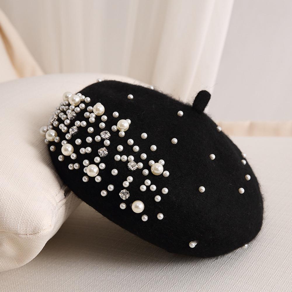 

Rhinestone Women s Pumpkin Hat Autumn Winter Painter Hat Versatile Wool Beret Hat чорний