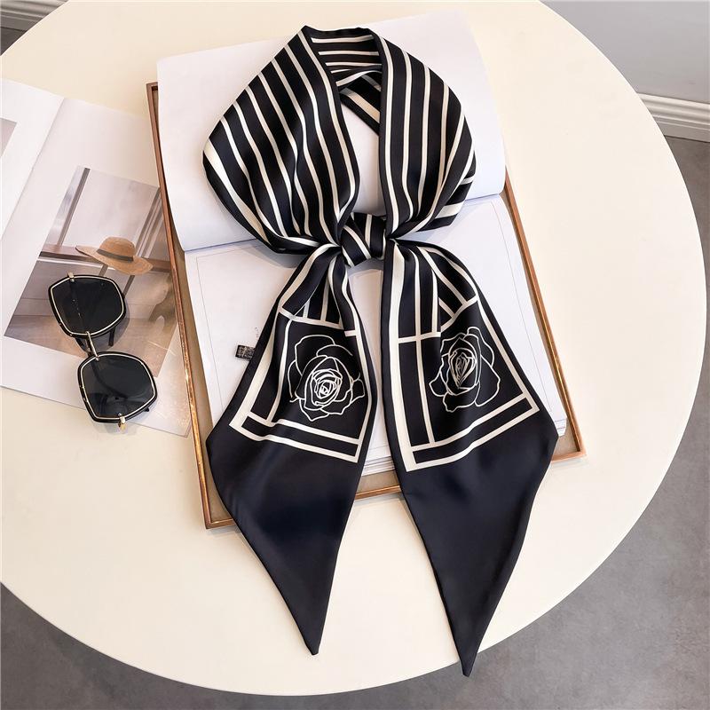 Long small silk scarf women's spring, autumn and summer black neck protection scarf with shirt streamer ribbon belt thin scarf