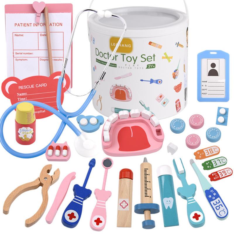 Barrel Children's Simulation Doctor Toy Set, Boy Doctor Girl Nurse Injection Stethoscope Wooden Gift