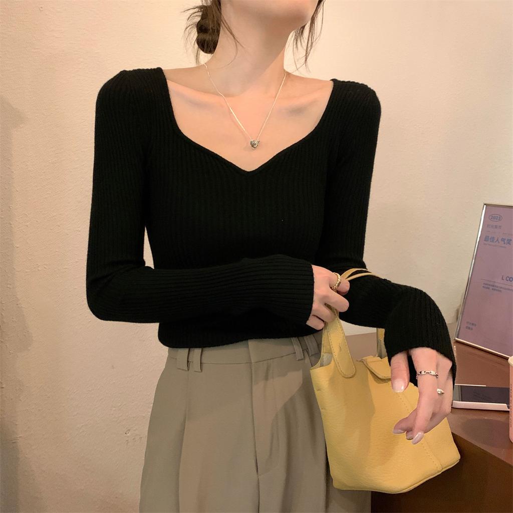 Core-spun Yarn V-neck Peach-neck Sweater Women's Spring, Autumn and Winter Solid Color Shirt Slim-fitting Long-sleeved Inner Chic