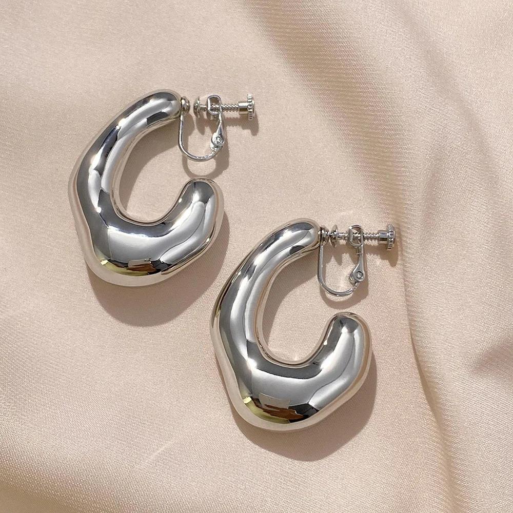 Vintage Oversize Chunky Round Circle Clip Earring for Women C Shape Tube Thick Without Pierced Hoop Earclips Jewelry Trendy