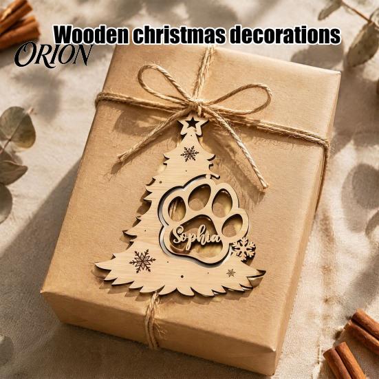 Decorative Tags for Christmas Tree Wood Pendant with Paw Print, Hollow Engraved Hanging Natural Craft Ornaments Ornament, Rustic Style Holiday