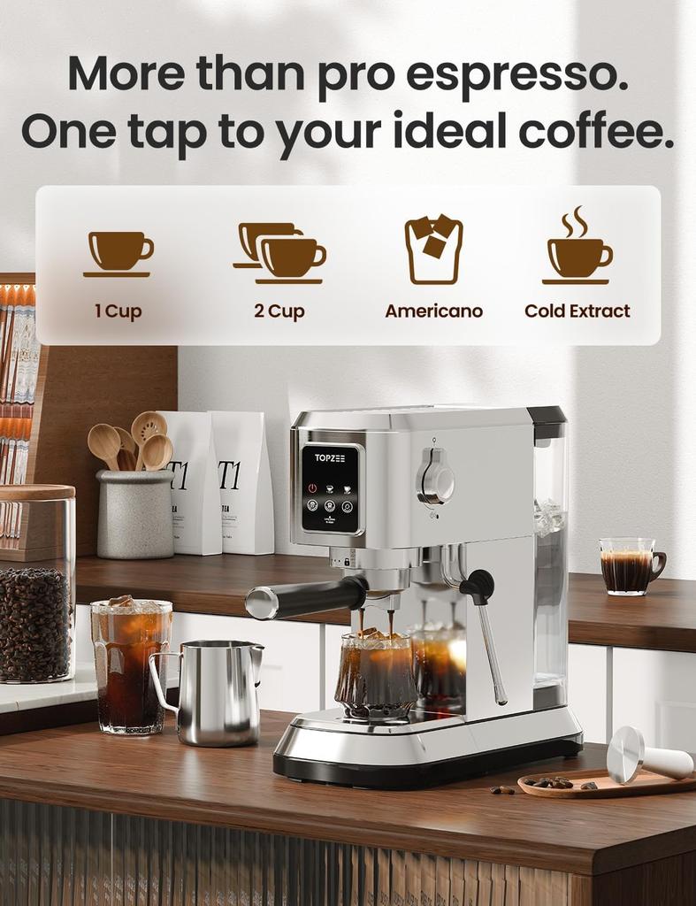 Espressomaschine 20 Bar, Kompakter Kaffeevollautomat mit Milchaufschäumer & Cold Brew, 1,5-Liter-Tank, Edelstahl Cappuccino Latte Maker,