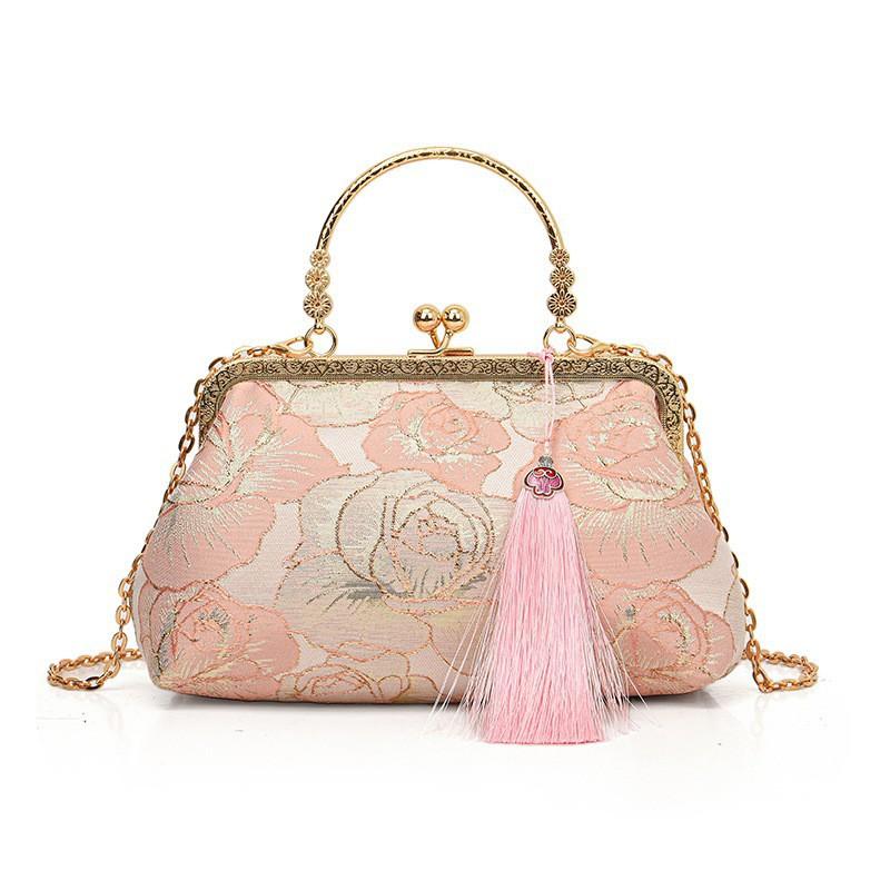 National Style Bag Female Jacquard Fabric Celebrity Clip Niche Evening Wear Handbag Chain Cross-body