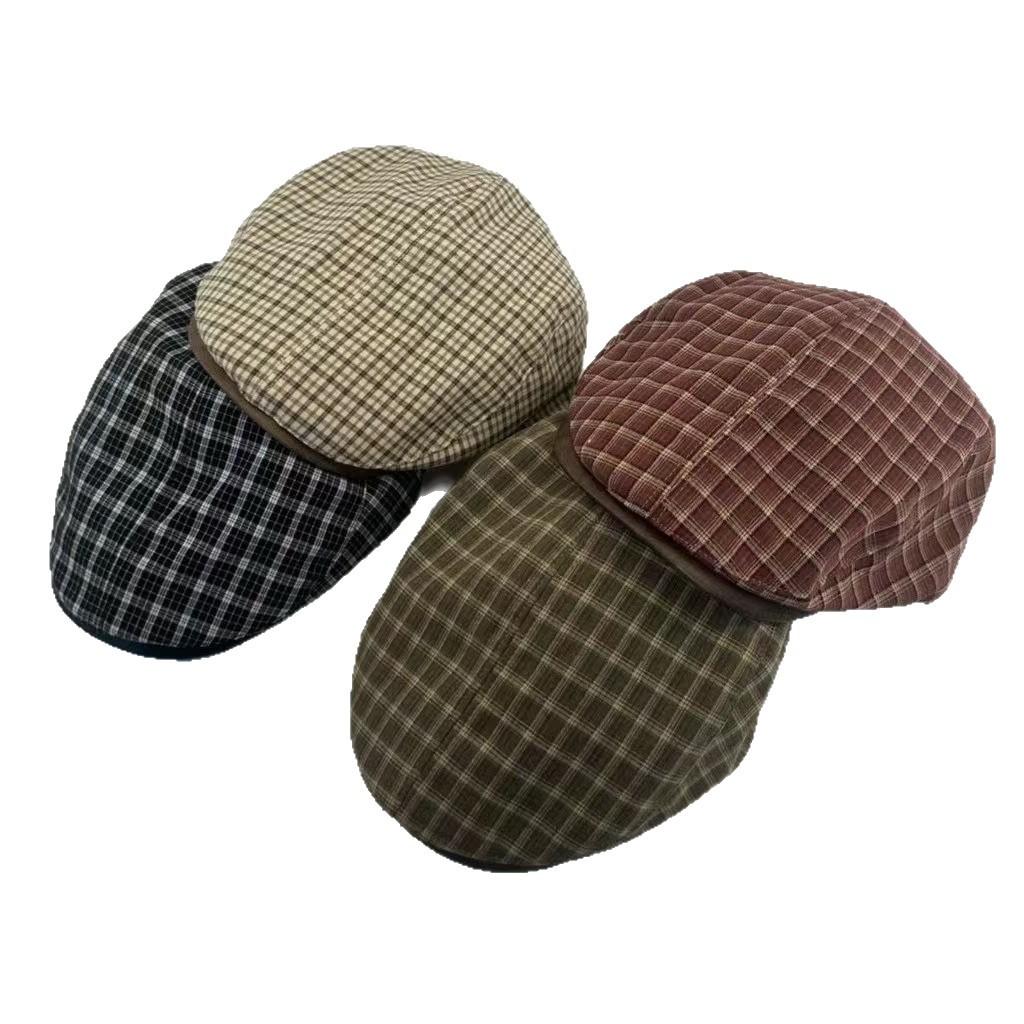 Retro plaid forward hat versatile beret autumn and winter warm face small literary newsboy painter cap