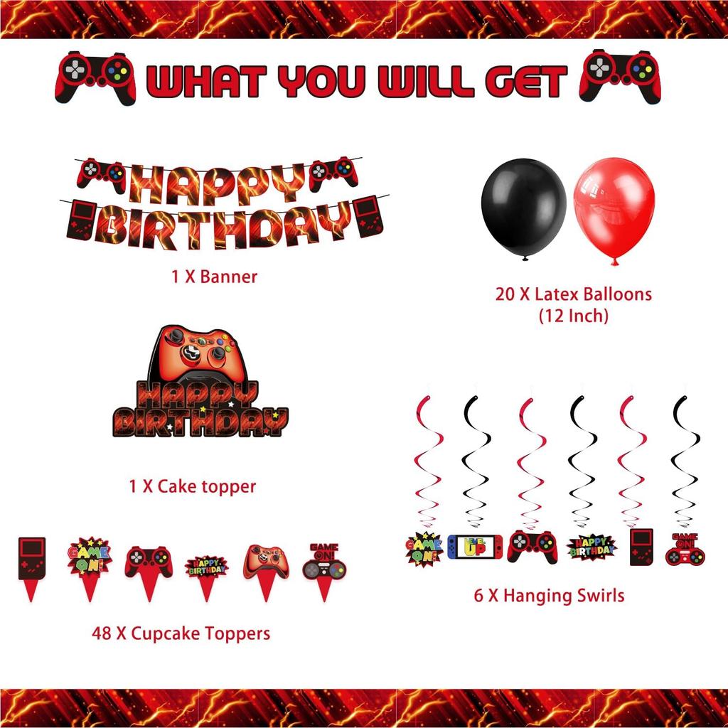 Mpanwen Red Video Game Party Supplies - 212Pcs Gamer Gaming Party Decoration For Boys Birthday Party - Table Cover, Plates, Cups, Napkins, Utensils,