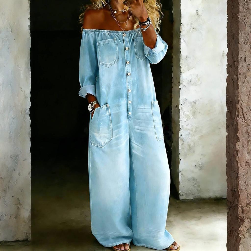 Fashionable Women's Sexy Single Breasted Off Shoulder Wash Denim Jumpsuit