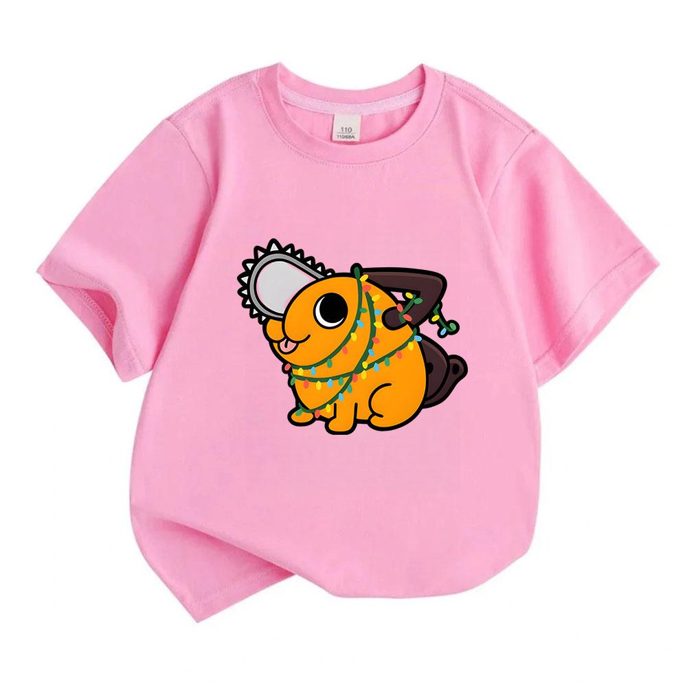 Kids Boys Girls 100% Cotton Crew Neck Short Sleeve T-Shirt, Cute Cartoon Orange Chainsaw Dog Wrapped in Christmas Lights Pattern Casual Soft Summer Te
