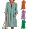Vestido Feminino de Algodão e Linho Manga Curta Decote V Linha A Rodado Verão Casual Praia Férias Vestido de Sol com Bolsos