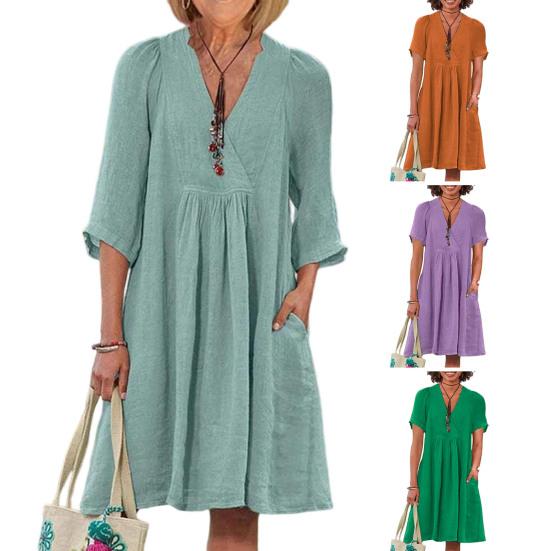 Vestido Feminino de Algodão e Linho Manga Curta Decote V Linha A Rodado Verão Casual Praia Férias Vestido de Sol com Bolsos