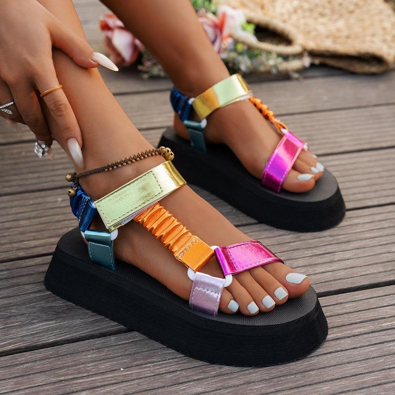Boho Chic Platform Sandals for Women Comfortable Summer Wedge Sandals with Hook and Loop Closure Colorful Ethnic Style Beach Sandals