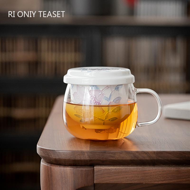 260ml Chinesische Glas-Teetasse Keramik-Siebbecher Handbemalte Blumen Teetasse Haushalt Tee-Wasser-Trennungstasse Tragbares Teegeschirr